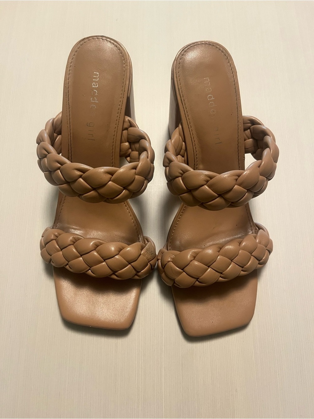 Madden Girl Braided Double Strap Heeled Sandals in Taupe